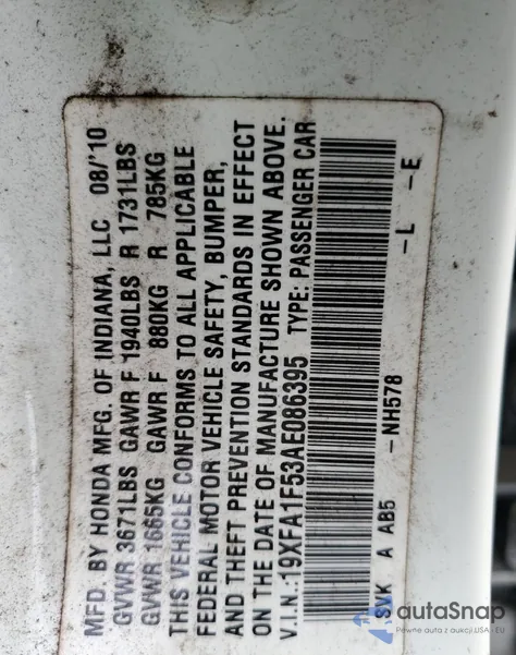 2010 Honda Civic Lx from USA, damaged, VIN 19XFA1F53AE086395